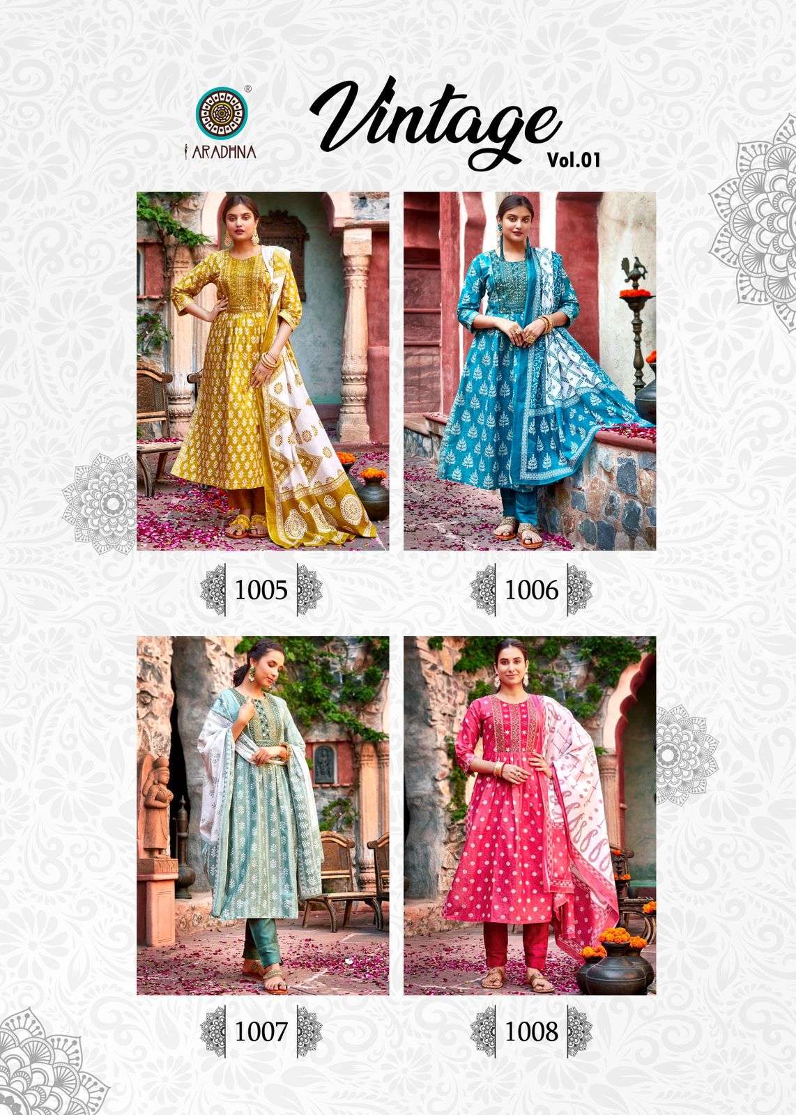 VINTAGE VOL 1 COTTON FOIL PRINT FANCY EMBROIDERY WORK KURTI WITH PANT DUPATTA BY ARADHNA BRAND INDEX2